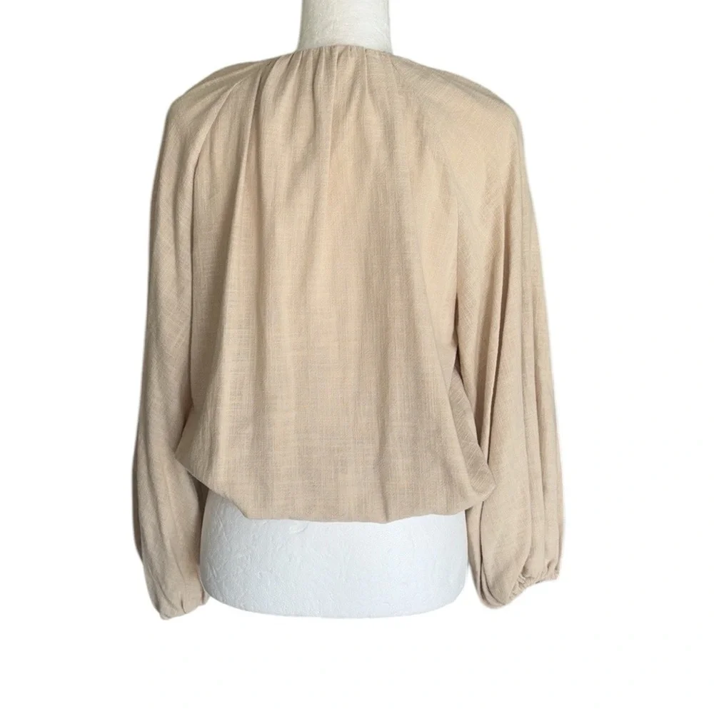 LN Zara Beige Shell Button Puff Sleeve Blouson Balloon Cropped Top Blouse - M